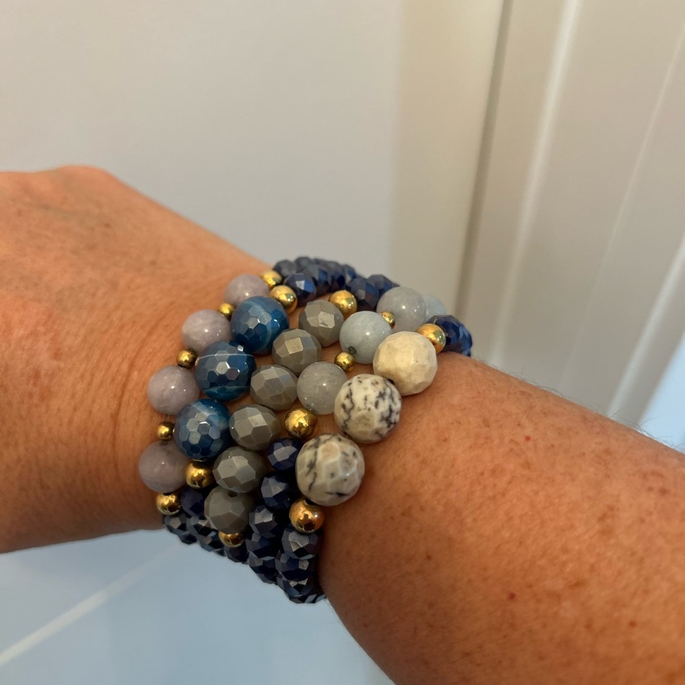 Elegant Blue and Gold Hand-Designed Beaded Bracelet Stack - Picture 2 of 3